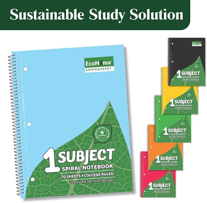 Subject Book Spiral Notebook Pack of 6 College Ruled 140 Pages (70 Sheets) 8" × 10.5" Perforated Carbon Neutral 3-Hole Punched Back to School 2026 Eco-Friendly School & Office Supply Assorted Colors