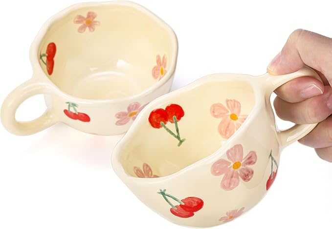 Yopay 2 Pack Ceramic Coffee Mug with Spoon, 8oz Handmade Hot Chocolate Mugs, Cute Cup for Girl Microwave Safe, Aesthetic Tea Milk Cup with Handle for Latte, Cocoa, Gift, Mom(Cherry flower)