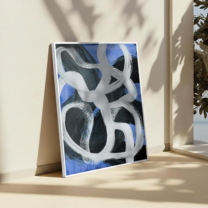 Monem Art Bold Blue Brushstroke Abstract Print - Modern Textured Line Art Poster - Wall Decor for Living Room, Bedroom or Office - 12x16 White Framed CANVAS Wall Art by Mareike Bohmer