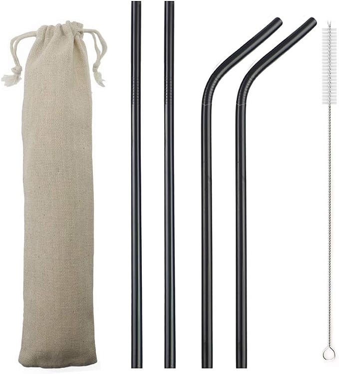 JASHII Reusable Portable Metal Straws Stainless Steel Eco-friendly Drinking Straw with Travel Cloth Bag (2 Bent 2 Straight 1 Brush),Black