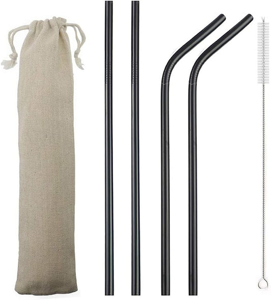 JASHII Reusable Portable Metal Straws Stainless Steel Eco-friendly Drinking Straw with Travel Cloth Bag (2 Bent 2 Straight 1 Brush),Black