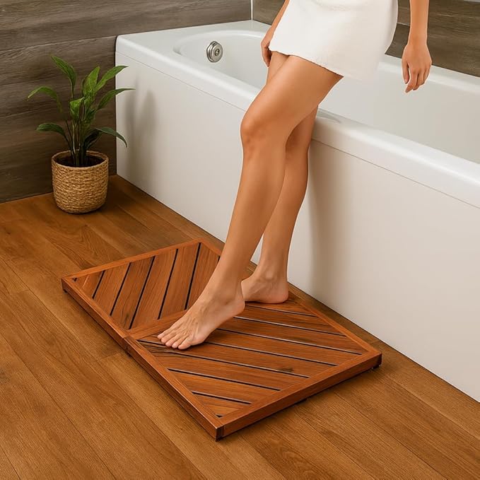 Teak Wood Bath Mat for Bathroom - (24.4" x 16.5") Non Slip Wooden Shower Mat Floor Sturdy Mats for Outside Inside Shower Luxury Spa Home or Outdoor