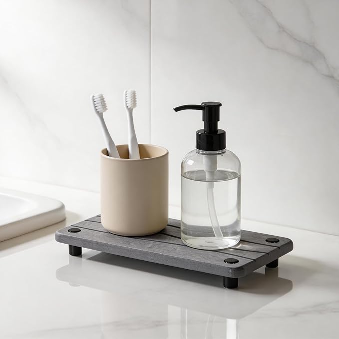 Water Absorbing Stone Sink Tray, 8" Diatomite Tray for Kitchen Bathroom Vanity, Fast Drying Stone Drying Caddy for Soap Dispenser, Sponge Holder with Wavy Groove Design