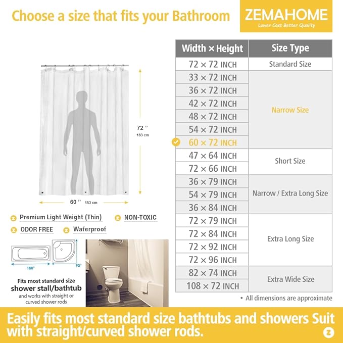 ZEMAHOME Narrow Size Clear Plastic Shower Curtain Liner, 60x72 Inch Thin Lightweight Transparent Plastic Bathroom Shower Showroom Inner Curtain with Rustproof Metal Grommet Holes and Weighted Magnets
