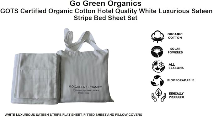 Organic Cotton Comfortable and Soft Sateen Stripe Bed Sheet Set - Luxury Hotel Quality - GOTS Certified - White - Deep Pocket - Easy Care - Queen
