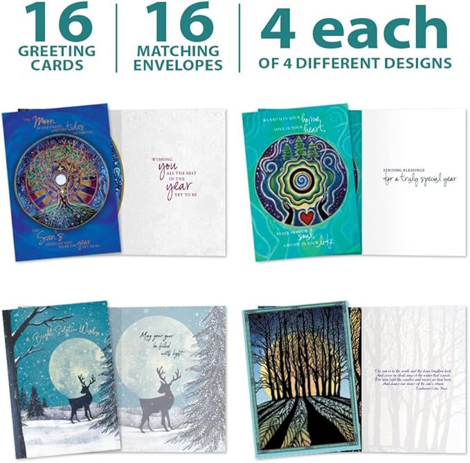 Tree-Free Greetings Winter Solstice Cards - 16 Recycled 5x7 Cards & Matching Envelopes, Thick Cardstock, Sustainably Made in USA - Peaceful Snowy Evenings