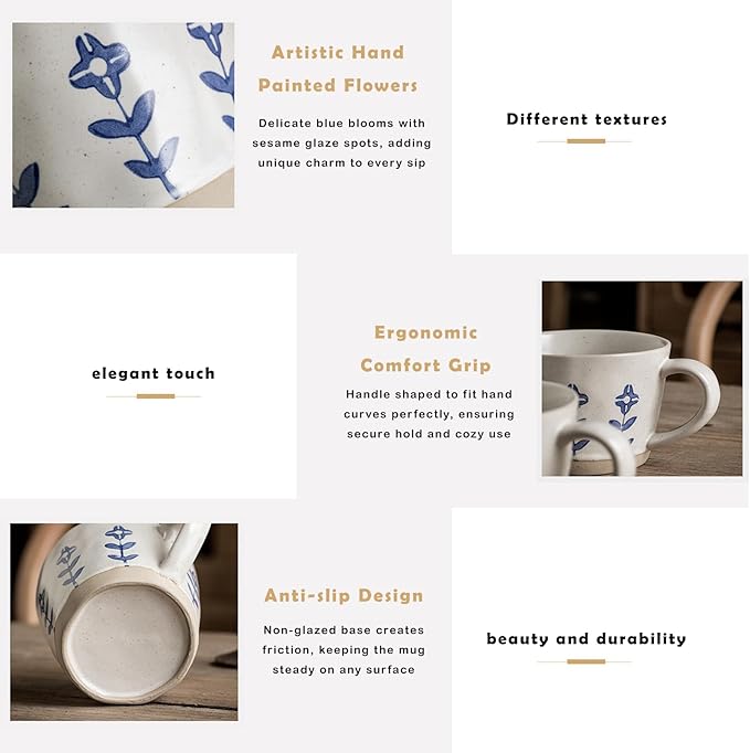 Ceramic Mugs for Men & Women, Unique Microwave & Dishwasher Safe Tea/Coffee Rustic Stoneware Cups for Office & Home (Blue Floral Mug)