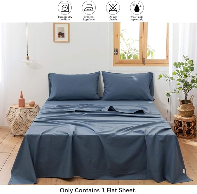 BISELINA Linen Sheet French Flax Flat Sheet Only 55% Euro Linen 45% Cotton Basic Style Solid Color Soft Breathable Farmhouse Top Sheet 1-Piece (Twin, Navy Blue)