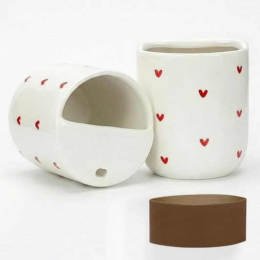 To Go Ceramic Coffee Cups with Lids, Romantic Red Hearts Ceramic Traval Mug with Sip Hole, 12oz Ceramic Sip Cups Pottery Travel Mug, Gifts For Him Her