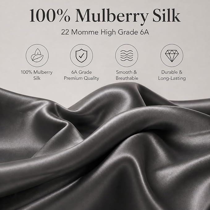 Pure Mulberry Silk Pillow Cases Standard Size, Oeko-TEX Certified 100% Silk Pillowcase for Hair and Skin, Premium 22 Momme silk zippered pillowcase, USA, Dark Gray, 1 Pc 20"x26" (Standard, Slate Grey)