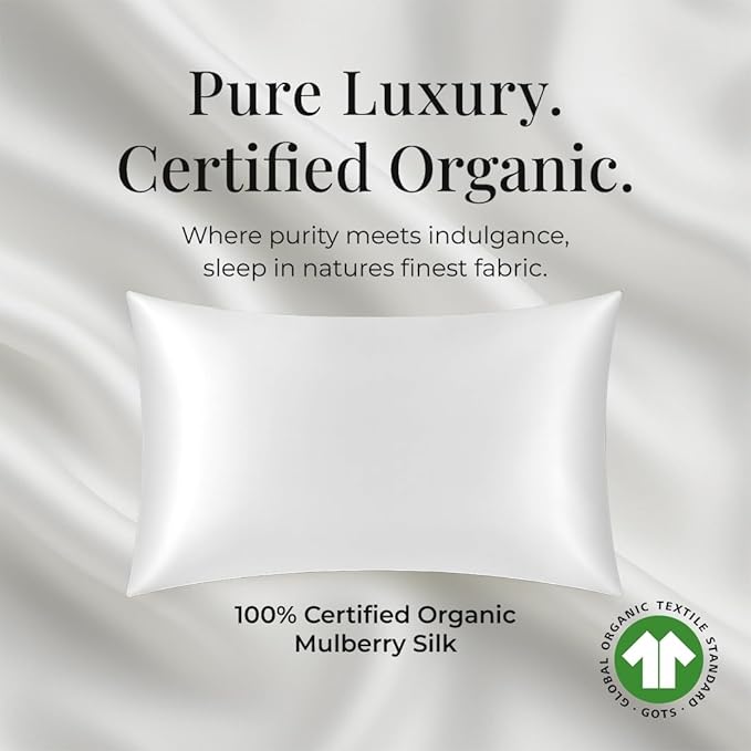 Pure Organic Silk Pillowcase Certified Organic 100% Pure Mulberry Silk Pillowcase 25 Momme Pillowcase (Ivory, Queen, Pack of 2)