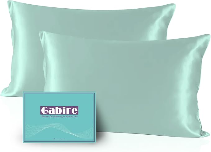 Gabire Mulberry Silk Pillowcases Set of 2, Both Sides Real Silk Pillow Covers for Hair and Skin Prevent Acne Pillowcase Organic Silk Pillowcase 2 Pack with Hidden Zipper, Sage Green, King (20"×36")