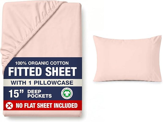 Lane Linen Twin XL Fitted Sheet, 100% Organic Cotton 2-Piece Set (1 Fitted Sheet, 1 Pillowcase), Percale Weave, Bottom Sheet, Soft, Breathable, Fits Mattress Upto 15" Deep - Sepia Rose (No Flat Sheet)