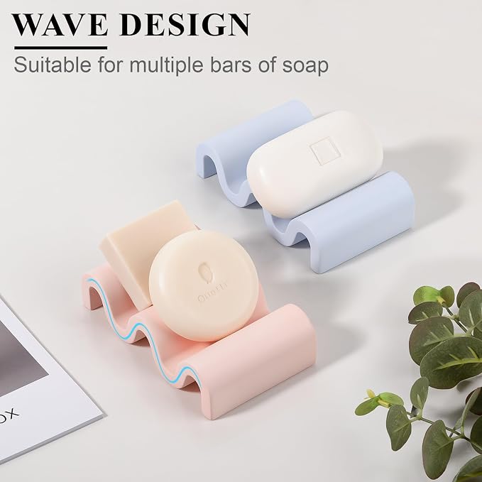 Diatomite Soap Dish Quick Drying Bar Soap Holder Draining Soap Saver Rack Wave Pattern Sponge Tray for Bathroom Sink, Shower, Kitchen, Pink