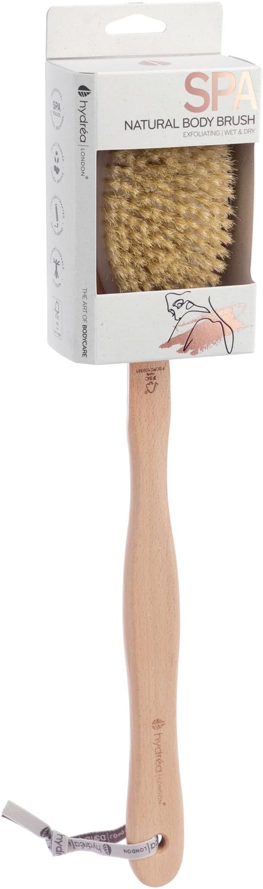 Hydrea London Body Brush Back Scrubber - Shower brush with long handle 100% Natural Bristle, Dry Skin Brush, Exfoliating Cellulite Brush - FSC® Certified Beechwood.