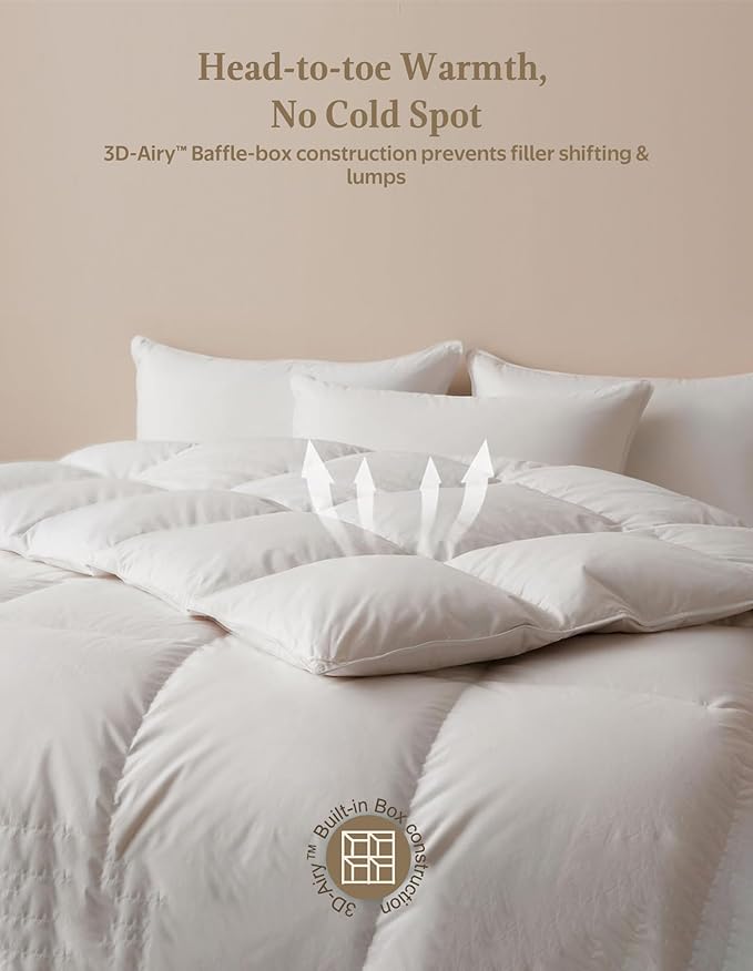 APSMILE Goose Feather Down Fibers Comforter California King Size, Organic Cotton Duvet Insert, All Season Warmth, Baffle Box, Quill-Free Soft Fluffy Hotel Bed Comforter (Ivory White, 104x96 Inch)