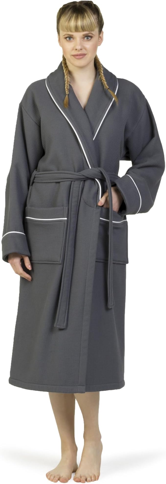 Luxury Turkish Cotton Bathrobe for Women & Men, Waffle Terry Shawl Collar Spa Robe with Satin Trim & Pockets