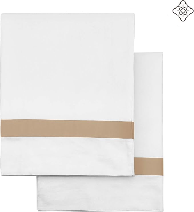 BIOWEAVES 100% Organic Cotton Banded Pillow Cases Soft Sateen Weave GOTS Certified – Standard/Queen Size, Set of 2, White & Sand