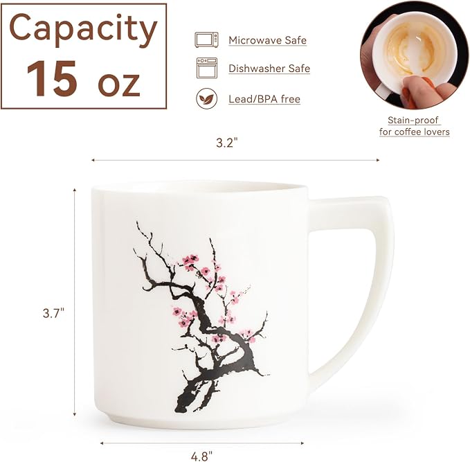 15oz Ceramic Coffee Mug with Plum Blossom Design – Unique Handcrafted Ceramic Mug for Coffee & Tea, Microwave & Dishwasher Safe, Elegant Coffee Cup Gift for Her or Yourself