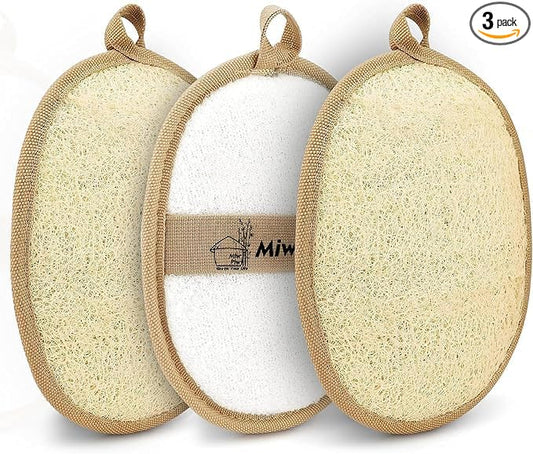 Natural Loofah Exfoliating Body Scrubber, Loofah Bath Sponge, Luffa for Women and Men, 100% Biodegradable Compostable, Dye Free, Zero Waste Eco Friendly Sustainable (4" x 5.5" - Pack 3)