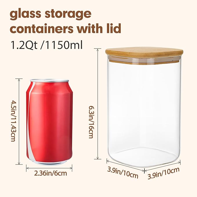 Moretoes 6 Pack 1.2qt Square Glass Storage Containers with Bamboo Press Lids, Airtight Pantry Storage Jars for Flour, Sugar, Dry Goods