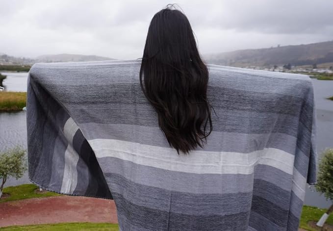 Alpaca Wool Throw Blanket, Grey Striped, 65 x 48 | Cozy, Ultra-Soft, Naturally Warm, Lightweight & Breathable, Non-Itchy