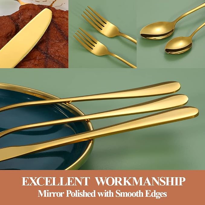 50 Pcs Gold Silverware Set for 10, Food Grade Stainless Steel Flatware Set, Eating Utensils Sets Include Fork/Knife/Spoon, Reusable Cutlery Set for Home Kitchen, Dishwasher Safe, Round Edge