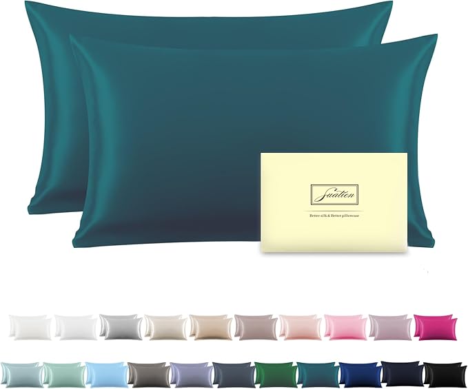 Silk Pillow Cases 2 Pack,Soft Breathable and Sliky Standard Size Pillow Cases Set of 2,Natural Mulberry Silk Pillowcase Set of 2 for Hair and Skin with Hidden Zipper (Teal,20"X 26",2pcs)