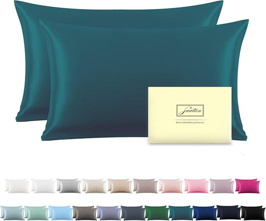 Silk Pillow Cases 2 Pack,Soft Breathable and Sliky Standard Size Pillow Cases Set of 2,Natural Mulberry Silk Pillowcase Set of 2 for Hair and Skin with Hidden Zipper (Teal,20"X 26",2pcs)