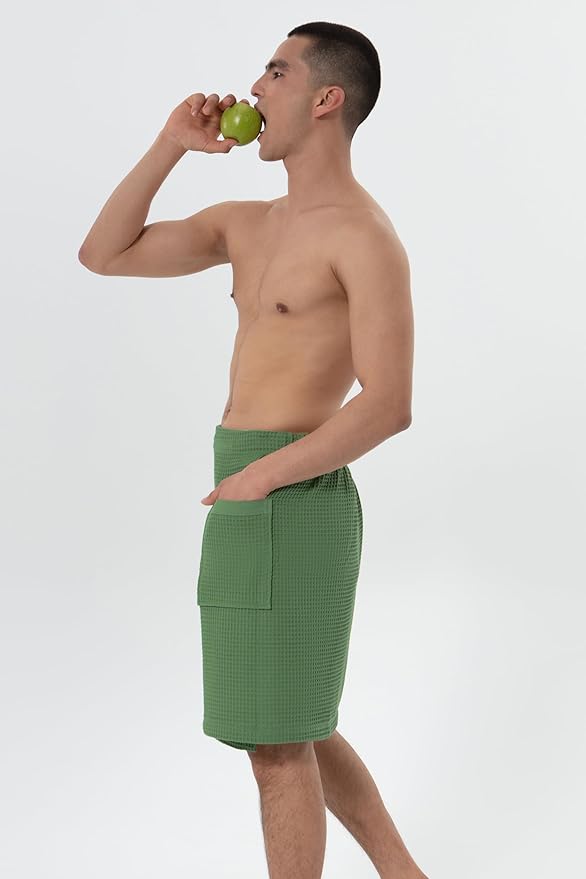 SEYANTE Men's Organic Waffle Spa Wrap – GOTS Certified 100% Turkish Cotton, Adjustable Closure, Same-Color Piping