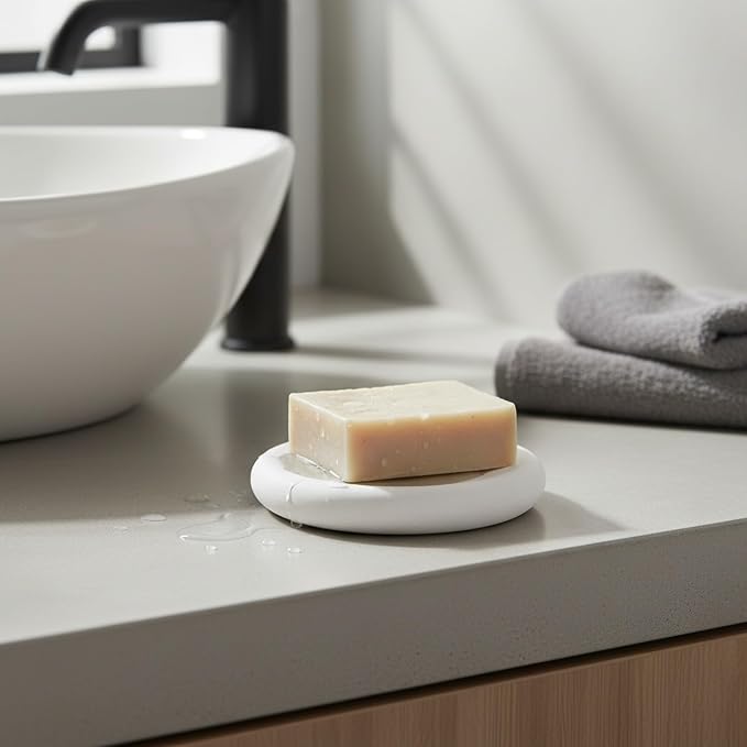 Round Diatomite Soap Dish, 3.9 Inch Natural Stone Bar Soap Holder for Bathroom Sink, Vanity, or Shower Ledge