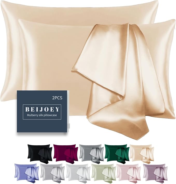 100% Mulberry Silk Pillowcase 2 Pack for Hair and Skin,with Hidden Zipper,Both Sides 19 Momme 600 Thread Count Natural Silk Pillow Cover,Soft Breathable Smooth (Buff Beige, Standard 20''x26'')