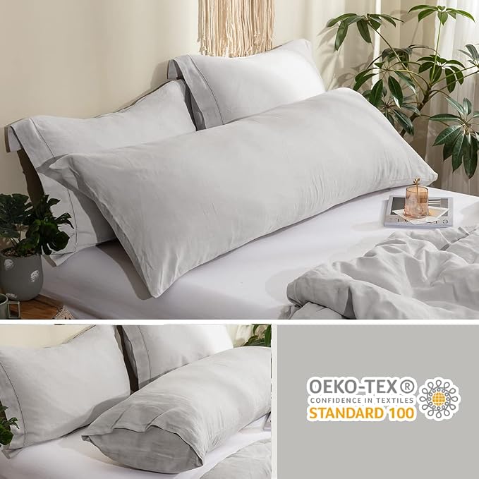 Simple&Opulence Body Pillow Cover 20" x 54",100% Pure Linen, Ultra Soft and Breathable, Body Pillowcase with Envelope Closure for Adults (Light Grey)