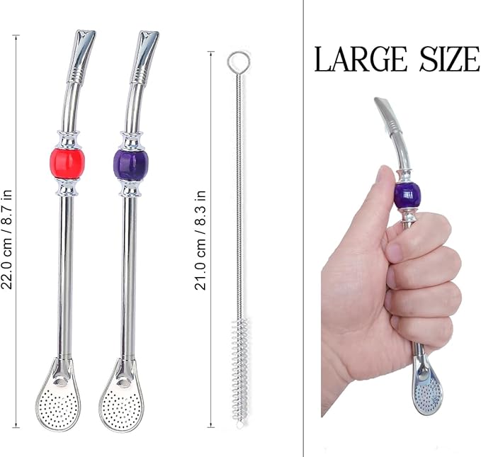 Premium Yerba Mate straws,Reusable stainless steel Bombilla Mate straw, with colorful beads - Bombilla for Mate gourd drinking and Bombilla set accessories, with removable head filter (Red and Purple)