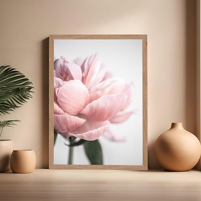 Monem Art Soft Pink Peony Macro Photography Print - Minimalist Floral Art Poster - Wall Decor for Living Room, Bedroom or Office - 16x20 Beige Framed Wall Art by Mareike Bohmer