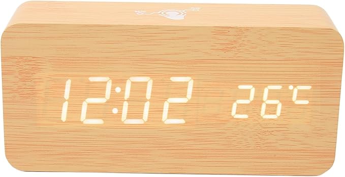 Tyenaza Digital Alarm Clock, Wooden Battery Operated Clock LED Display Touch Sound Control BT Connection Digital Desk Clock for Bedroom Office Cafe