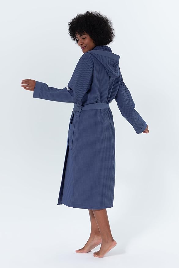 SEYANTE Women's Organic Cotton Waffle Kimono, Hooded Robe – GOTS Certified Lightweight Full-Length Spa Bathrobe with Piping
