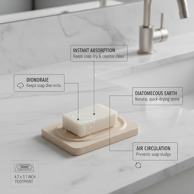 Diatomaceous Earth Soap Dish Tray, Stone Tray for Bathroom Sink Counter, 4.7 x 3.1 Inch (1 PC)