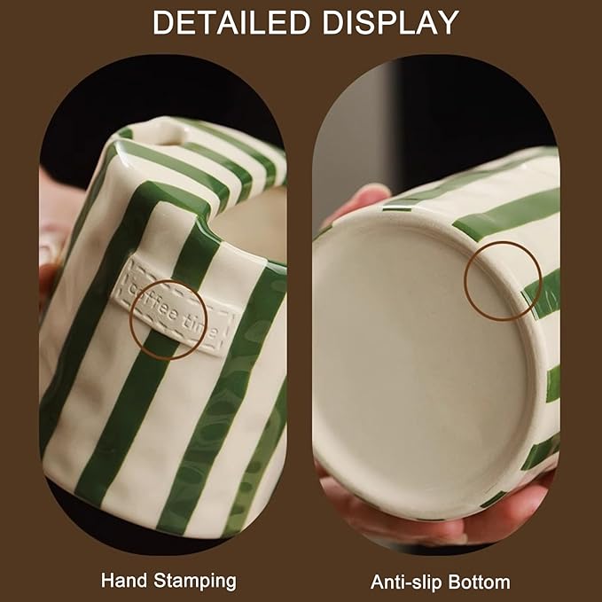 Shelprojsu 10oz Ceramic Coffee Mug,Retro Striped Coffee Cups,with Sip hole Espresso Ceramic Cup,novelty Hand-Painted Striped Travel Mugs-ideal Gift for Coffee Lovers(Green)