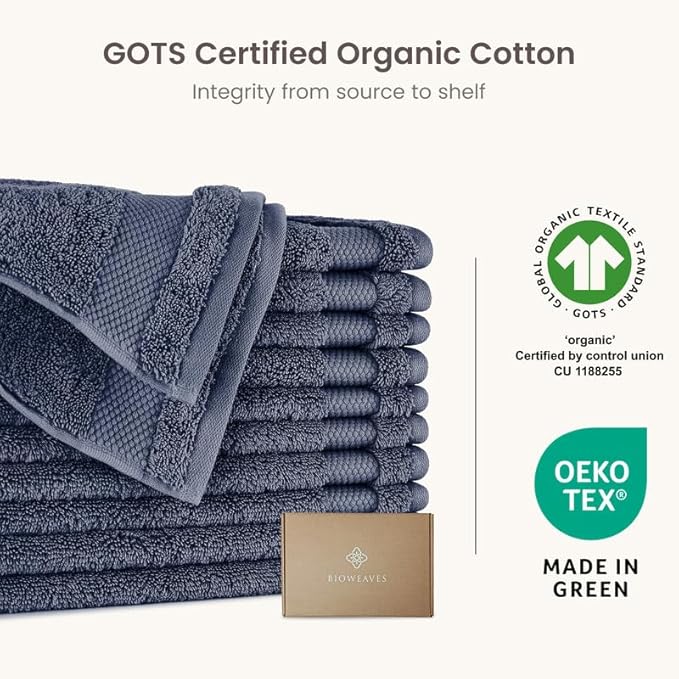 BIOWEAVES 100% Organic Cotton 700 GSM Luxury Wash Cloths GOTS Certified 13" x 13" Face Towel - Mineral, Pack of 12