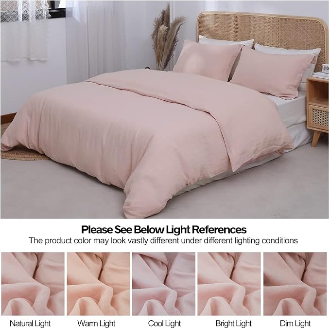 Simple&Opulence 100% Linen Duvet Cover Set 2pcs Basic Style Natural French Washed Flax Solid Color Soft Breathable Farmhouse Bedding with Button Closure - Blush Pink, Twin