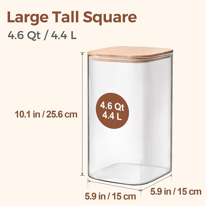 ComSaf Glass Storage Jars with Bamboo Lids 4.6 Qt Large Pantry Square | Cabinet Organization, Flour Sugar Coffee Beans, Pasta Cereal Dry Food, Big Capacity, Dry Food Storage