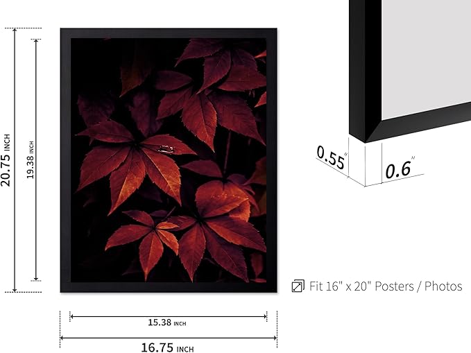 Monem Art Red Autumn Leaves Macro Photography Print - Moody Botanical Nature Poster - Wall Decor for Living Room, Bedroom or Office - 16x20 Black Framed Wall Art by Mareike Bohmer
