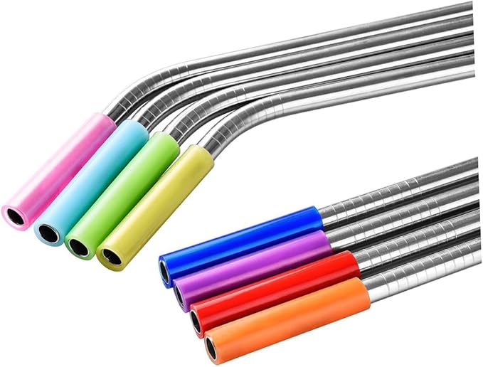8-Piece 304 Stainless Steel Reusable Drinking Straws Set with Food-Grade Silicone Tips Curved and Straight Straws for Smoothies Cocktails and Juices