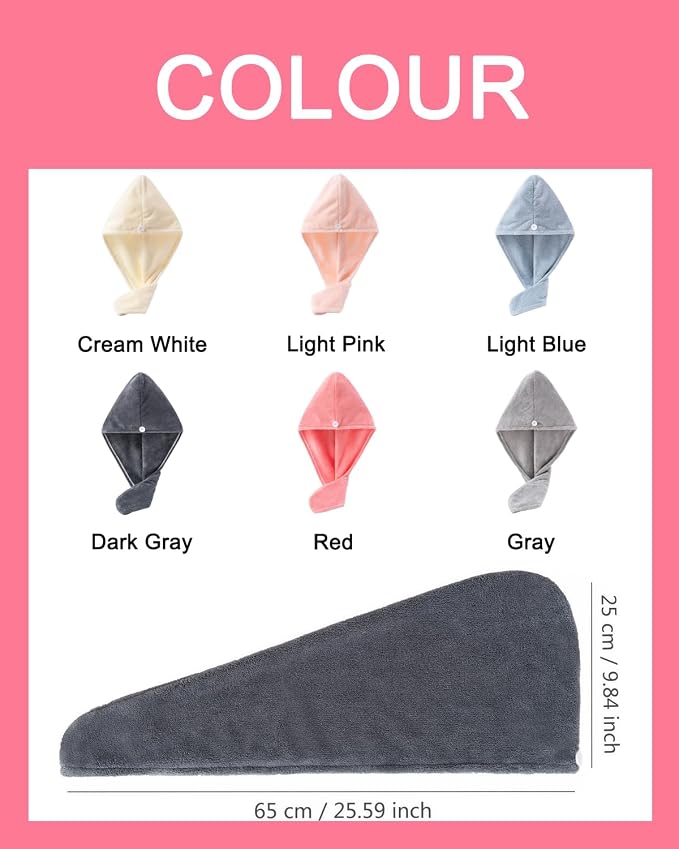 Lumimi Microfiber Hair Towel Wrap 4 Pack - Gym & Shower & Travel Quick Dry Turban, Secure Button Closure for Active Women, Anti-Slip Design for Thick/Curly Hair, Compact 25x65cm (4-Piece Set)
