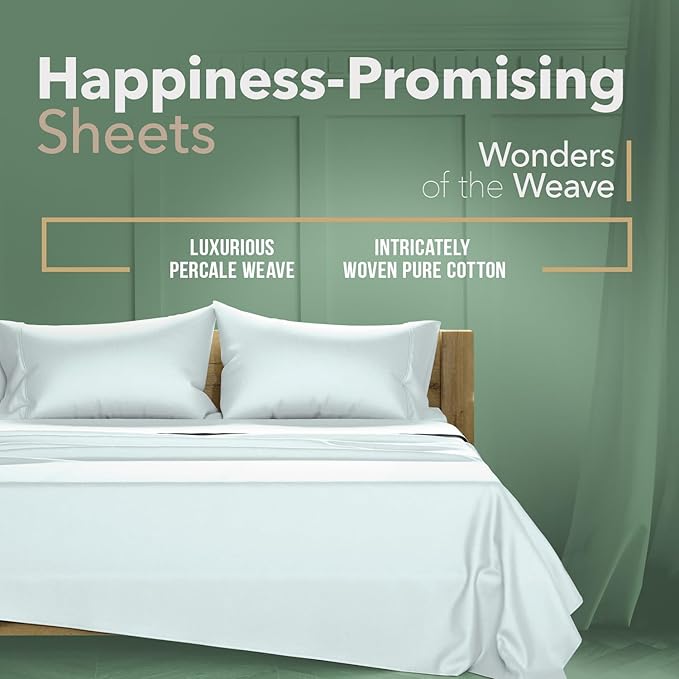 TEXAS LINEN CO. 100% Organic Cotton Sheets Queen Size - 4 PC Organic Cotton Queen Percale Weave Sheet Set, Soft, Cooling, Crisp & Breathable, 16" Deep Pocket Hotel Quality Bedding Set - Sea Foam