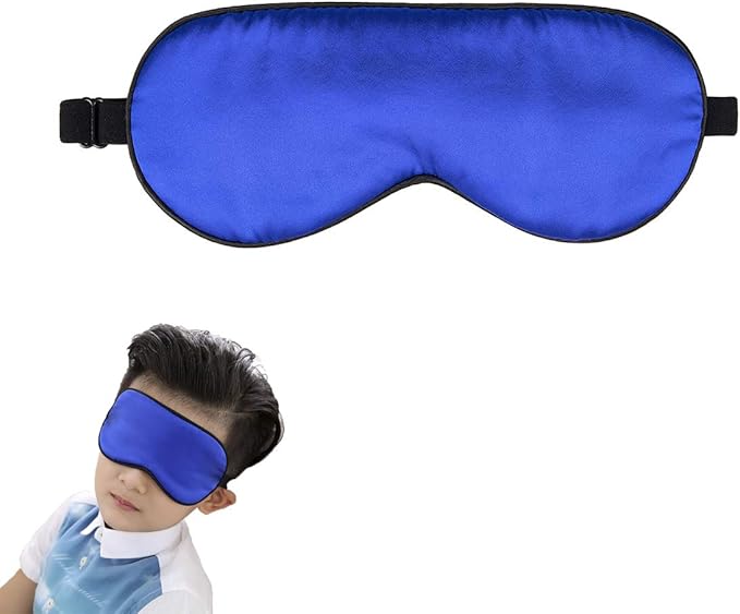 100% Natural Silk Sleep Eye Mask Kids, Cute Night Sleeping Mask with Adjustable Elastic Strap for Girls Boys Child (Blue Small)