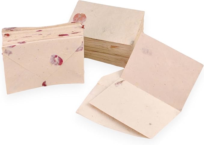 Kathmandu Valley Co. 50 Vintage 4x6 Handmade Lokta Paper Nepali Cherish Greeting Cards & Matching Decorative Flower Petal Envelopes. Folded blank cards. Handmade In Nepal. (Bougainvillea)
