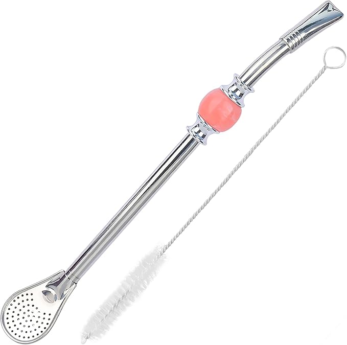 Premium Yerba Mate Straws - Reusable Stainless Steel Bombilla Straw with Colorful Beads - Set for Mate Gourd Drinking, Removable Head Filter (Pink)