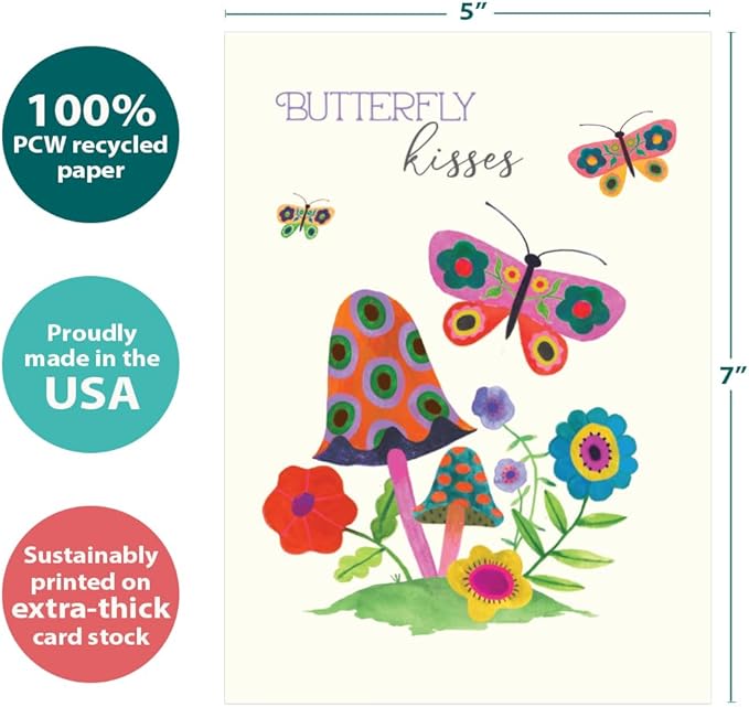 Tree-Free Greetings - Birthday Card - Artful Designs - 1 Card + Matching Envelope - Made in USA - 100% Recycled Paper - 5 x 7 - Butterfly Kisses (GO65236)
